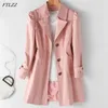 Ftlzz Autumn Women Khaki Long Trench Coat Casual Kvinna Streetwear Slim Fit Koreansk stil Windbreaker Single Breasted Outwear 210914