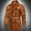 Veste d'hiver Hommes Vintage Suede Veste En Cuir Long Pardessus Hommes Doublé De Fourrure Chaud Trench-Coat Revers Ceinture Mince Vêtements De Mode 211009