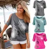슬릿 슬리브 콜드 어깨 깃털 프린트 여성 캐주얼 여름 티셔츠 소녀 티 티셔츠 느슨한 탑 티셔츠 210607