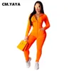 CM.YAYA Осенний женский однотонный топ на молнии с длинными рукавами и капюшоном, брюки-карандаш, комплект из двух предметов, повседневный спортивный спортивный костюм, 211224