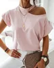 Kadın Yaz Zarif Katı Soğuk Omuz Kısa Kollu Rahat T-shirt Lady Seksi Boy Streetwear Top 210415