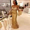 NEW arabic 2022 Prom Dresses Long Sleeve Gold Lace sparkly Evening Dress Illusion Neck Mermaid Arabic African Formal Gowns EE298a