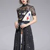 Black Chiffon Lace Patchwork Print Stand Collar Zipper Short Sleeve Empire Midi Long Dress Elegant Summer D1623 210514