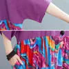 Johnature Vintage Patchwork Kolor Suknie Dla Kobiet O-Neck Pół Rękawów Jesień Plus Rozmiar Kobiety Odzież Fioletowa Dress 210521