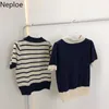 Neploe Fashion Tシャツの女性の縞模様半袖コントラストカラーティーダウンカラーニット気質韓国の女性トップ210623