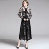 Runway design Women Autumn Floral Embroidery Midi Length Dress Sheer Mesh Vintage Black feather A-line Elegant chic Dresses 210514