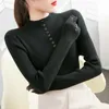 Casual Button Sweater Women Half Turtleneck Solid Höst Kvinna Sticka Pullovers Långärmad Lace Sleeves Toppar 210514