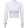 Genayooa Vintage Crop Top Długim Rękaw Dziana Koszulka T Shirt Hollow Out Sexy Tshirt Femme Białe Koszule Kobiety Wiosna Jesień 210417