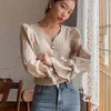 Elegante casual boog vintage blouses koreaanse massieve parels chique v-hals hoge kwaliteit losse alle match vrouwen shirts 9970 210417