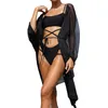 Women's Swimwear Foohoostore Solid Color Bandage Long Sleeve 2022 Summer Women Mesh Sheer Bikini Cover-ups See-through Beachwear