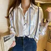 Vertical Striped Chiffon Blouse Profession Contrast Blue White Long Sleeve Shirts Elegant Single-breasted Button Blusas Mujer 210601