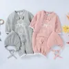 Herfst winter baby jongens meisjes kleine beer rompertjes + hoed kleding kinderen jongen meisje kinderen breien lange mouw romper 210429