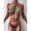 Sexy Cross Bikini Women Swimsuit Halter Push Up Swimwear Bandage Set Brazilian Bathing Suit Beachwear Swimming 210521