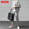 SWEETKAMA Autumn Casual O-Neck Fake 2 Pieces Top 3/4-Length Pants Two-Piece Sets Loose Splits Sleeve Cotton Suits Y0625