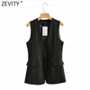 Women Fashion Black White Color Sleeveless Vest Jacket Office Ladies Open Stitch Suits WaistCoat Pockets Outwear Tops CT704 210416