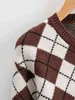 Höst Vinter Argyle Stickad tröja Pull Femme England Stil Plaid Vintage Pullovers Brun Casual Jumper 210415