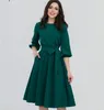 2022 Autumn Vintage Soild Lantern Sleeve A-lijn Jurk Women Elegant O-Neck Half Sleeve Pocket Sashes Knie Length Casual Dress