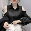 Ezgaga Elegant Blouse Women Puff Sleeve Turn-Down Collar Korean All-Match Solid Slim Off Shoulder Fashion Female Shirts Sexy 210430