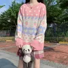일본어 카와이 뜨개질 스웨터 여성 귀여운 딸기 인쇄 긴 소매 풀오버 점퍼 핑크 겨울 여성 스웨터