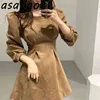 Asapgot Kore Chic Sonbahar Kış Vintage Ince Bir Çizgi Yüksek Bel Uzun Puf Kollu Elbise Mini Gevşek Rahat Vestido de Mulher 211221