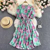 Kvinnor Svart / Blå / Grön Floral Tryckt Midi Klänning Bohemian Elegant Rund Neck Kort Puff Sleeve Vacation Beach Vestidos Sommar Y0603