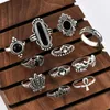 Cluster Rings European Lotus Elephant Love Crown Ring 11 Piece Set With Ancient Silve Inlaid Black Precious Stone For Female