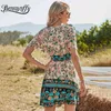 Surplice Neck Elastic Waist Floral Print Bohemian Mini Dresses Women Summer Holiday Style Boho Casual A-Line Dress 210510