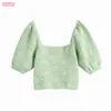 Mulheres vintage quadrado pescoço manga curta jacquard t-shirt moda soprufa verde verde magro chique feminina tops 210507
