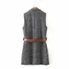 Xiaoxiangfeng revers mouwloze vrouwen vest met riem Houndstooth stijlvolle casual vakantie vrouwelijke jas 210507