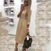 Outono inverno mulheres camisa vestido elegante escritório senhoras casuais longos maxi khaki vintage plus tamanho 210427