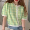 夏ニット韓国のカーディガントップス女性の格子縞のシングルブレストOネックセーターヴィンテージファッションエレガントな女性ニット210519
