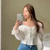 Vit Solid Blusas Mujer Puff Sleeve Vår Elegant Söt Vintage Skjortor Dam Toppar Koreanska Korta Blusar Kvinnor 210415