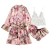 Sexy Sleepwear Lingerie Mulheres Pijamas Dormir Tops Silk Robe Lace Underwear Sleepwear Calças 3 Piece Set Q0706