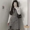Camicia bianca a maniche lunghe dolce giapponese Camicia da donna scozzese estiva con cinturino per spaghetti Gothic Harujuku Mini abito Lolita Abito a due pezzi 220302