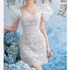 Summer Women White Lace Party Puff Sleeve Elegant Dama Sexy Mini Dress 210415