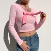 2K söt lolita crop topp stor bowknot långärmad pullovers rosa tshirt kvinnor hajuku tee preppy casual shirt vår 90s 210517