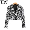 TRAF femmes mode zèbre imprimé recadrée Blazer manteau Vintage à manches longues motif Animal vêtements d'extérieur pour femmes Chic hauts 210415