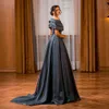 Gray Pleated Prom Dresses Off The Shoulder Neck Empire Waist Evening Gowns A Line Sweep Train Satin Formal Dress