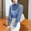 Crochet Hollow Lace Stitching Koreanska Stil Blus Kvinnor Sexig Puff Sleeve Standup Krage Bottoming Thin Shirt 12731 210427