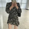 Spring Vintage Dress Women Floral Print Dress Chic Drawstring Dresses V-neck Long Sleeve Mimi Dresses Black Beige 13571 210528