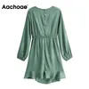 Chic Green Floral Ruffles Women Long Sleeve Elegant Sashes Dress Retro V Neck A Line Party Dresses Vestidos 210413