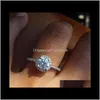 Solitaire Drop Livraison 2021 Femmes Mode Ronde Gemstone Sier Bagues de fiançailles Bijoux Simulé Diamant Bague pour mariage Wgrsj