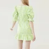 Vrouwen zomer plaid casual mini jurk korte mouw V-hals ruches vintage vrouwelijke elegante a-lijn jurken kleding vestidos 210513