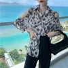 Solta coreano-estilo mola mulheres blusa camisa vintage leopardo impressão fora-ombro sexy chiffon transparente 603H 210420