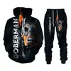 Herfst Winter 3D Doberman Gedrukt Hoodies Sweatpants Heren Hooded Sweatshirt Sets Heren Sportkleding Trainingspak Herenkleding Pak G1217