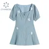 Summer Butterfly Impiombato Zipper Dress Donna Manica corta Crop Abiti Lady Elegante blu a vita alta Slim Party Club Vestidos 210417