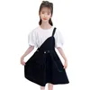 Genç Kızlar Yaz Giyim Tshirt + Cepler Elbise Kostüm Katı Renk Giysileri için Casual Stil Eşofman Çocuklar 210527