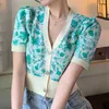 Francuski Rękaw Puflowy Zielony Kwiat Knit Cardigan T-shirt Damski Lato Cienki Krótki Top 210529
