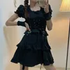 QWEEK Damska Gothic Lolita Dress Goth Punk Gothic Harajuku Mall Goth Style Bandaż Czarny Sukienka Emo Odzież Dress Spring 210409