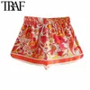 TRAF Mujeres Chic Moda Totem Imprimir Side Vents Shorts Vintage Cintura alta elástica Cordón Mujer Pantalones cortos Mujer 210722